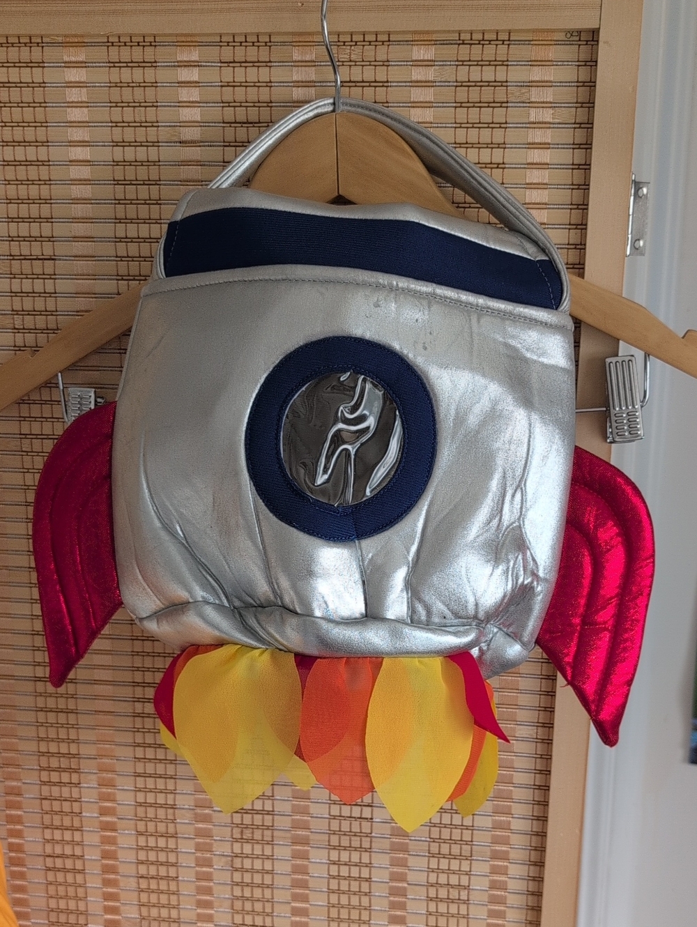 Pottery Barn Silver Rocket-Shaped Halloween Treat Bag with Red/Yellow Accents